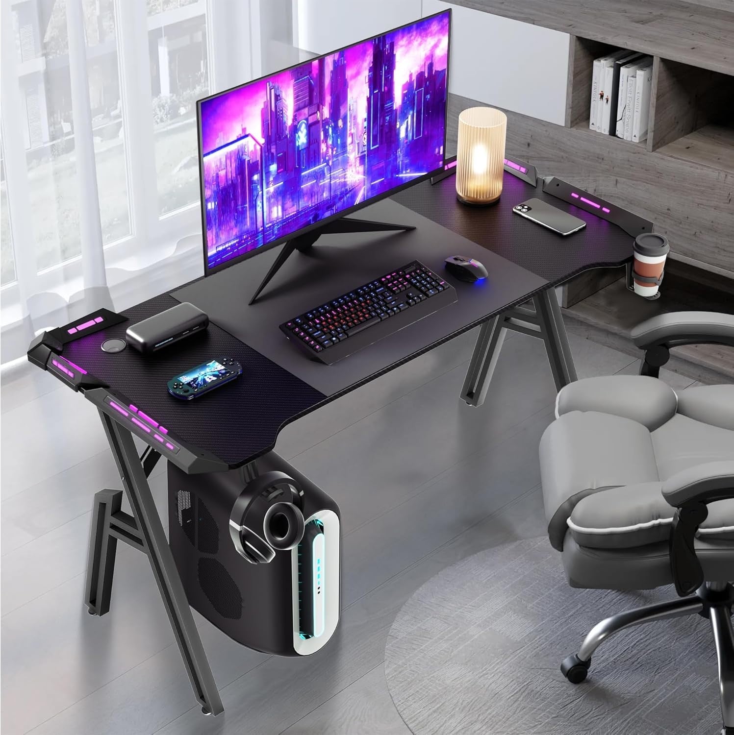 A-Frame Gaming Desk 140cm with RGB LED Lights & Steel Frame Black