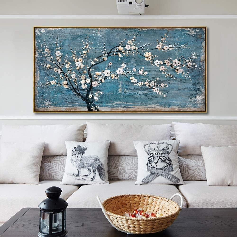 Teal Plum Blossom Abstract Canvas Wall Art – Large Framed 24x48in