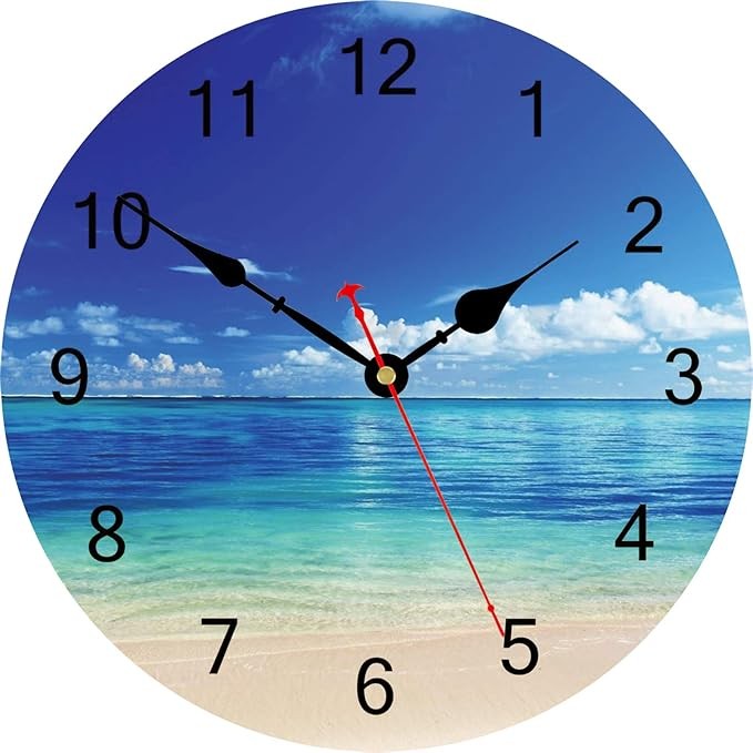 14" Beach Ocean Wall Clock Silent Sea View Coastal Blue Decorative Home Decor