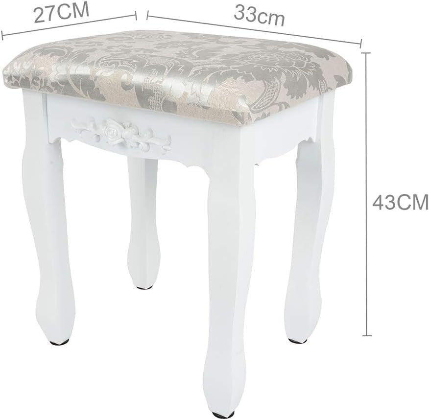 White Baroque Vanity Stool with Rubberwood Legs – Elegant Dressing Chair