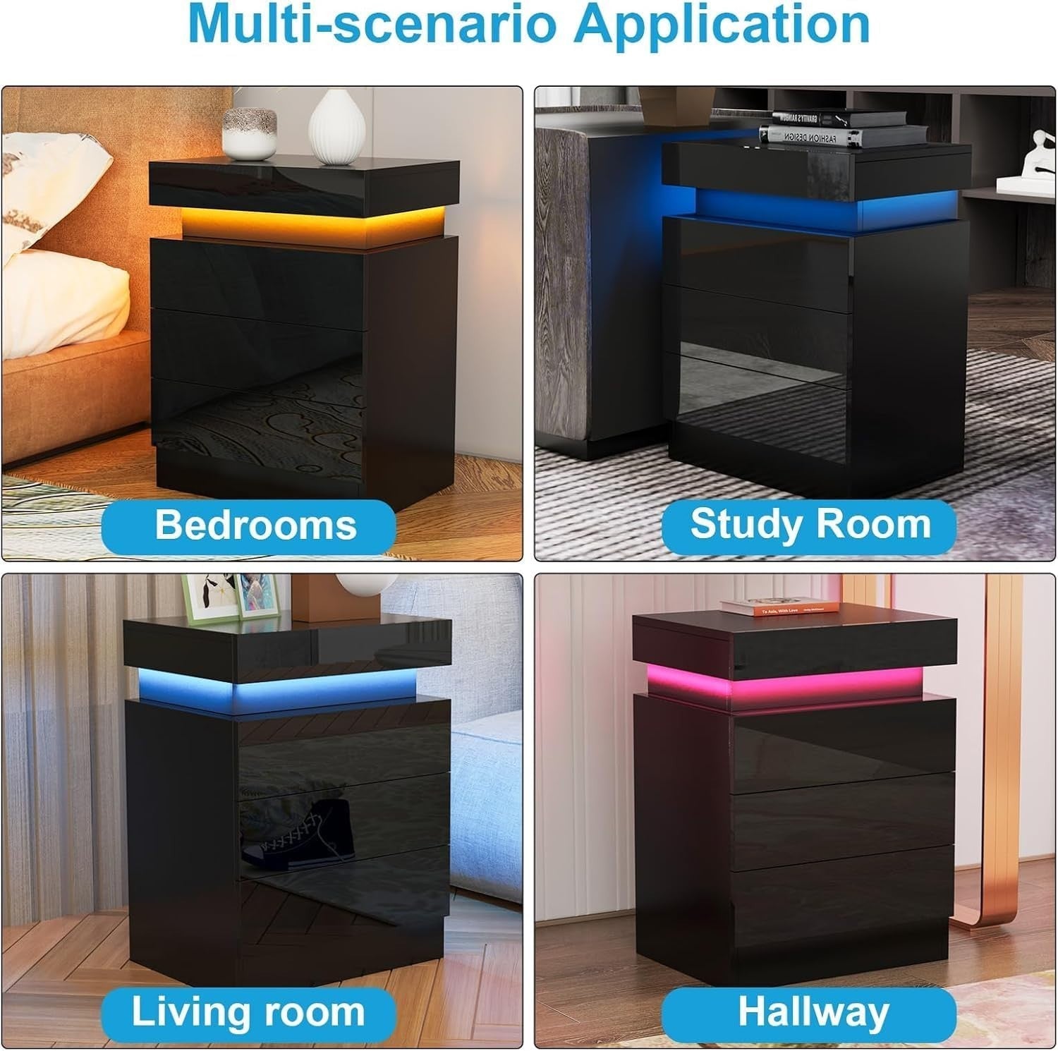 Modern LED Bedside Table with USB Charging, 3 Drawers, Hidden Storage