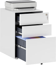 White 3 Drawer Mobile Filing Cabinet Lockable Steel A4 Letter Office Storage