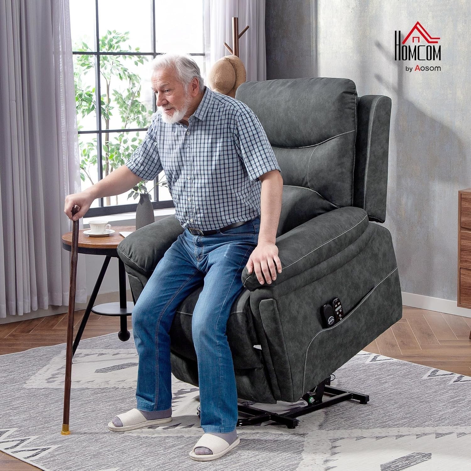 Power Lift Recliner Chair Massage Heat PU Leather USB Port Side Pockets Grey