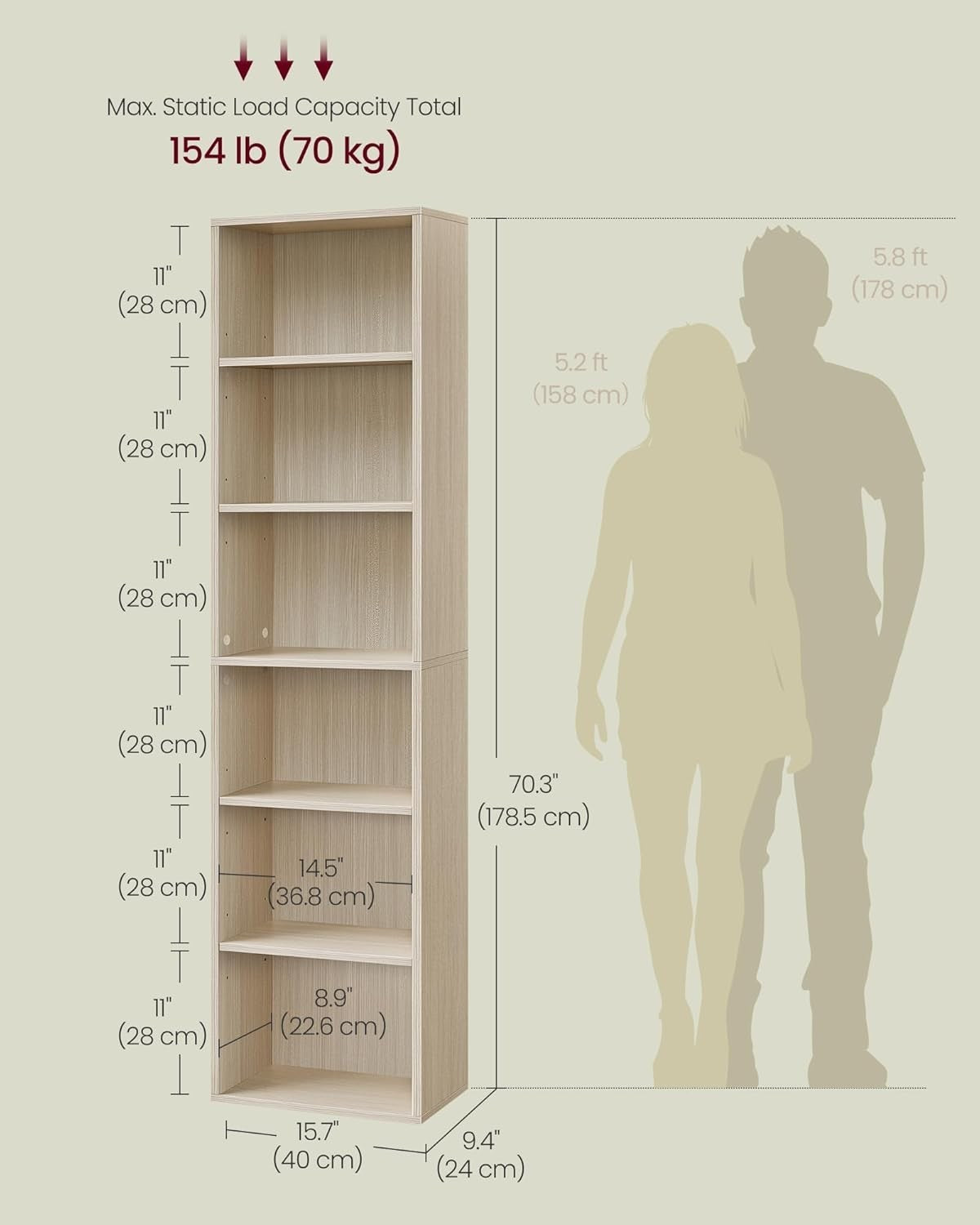 6 Tier Natural Wooden Bookcase Tall Storage Display Book Shelf for Living Room