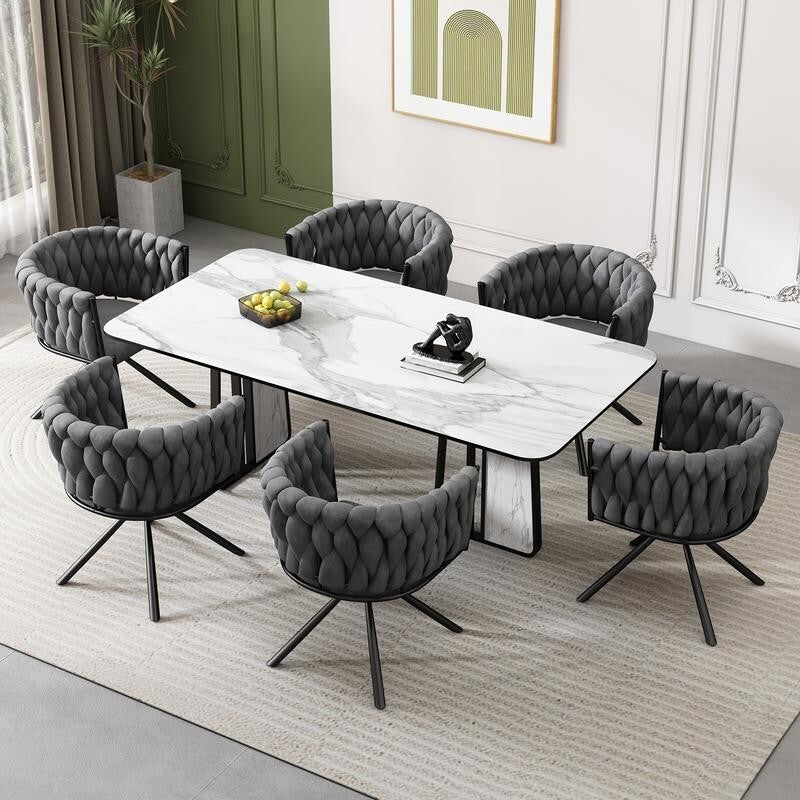 Set of 6 Grey Swivel Velvet Dining Chairs – Modern, Comfy, Curved Back (V)