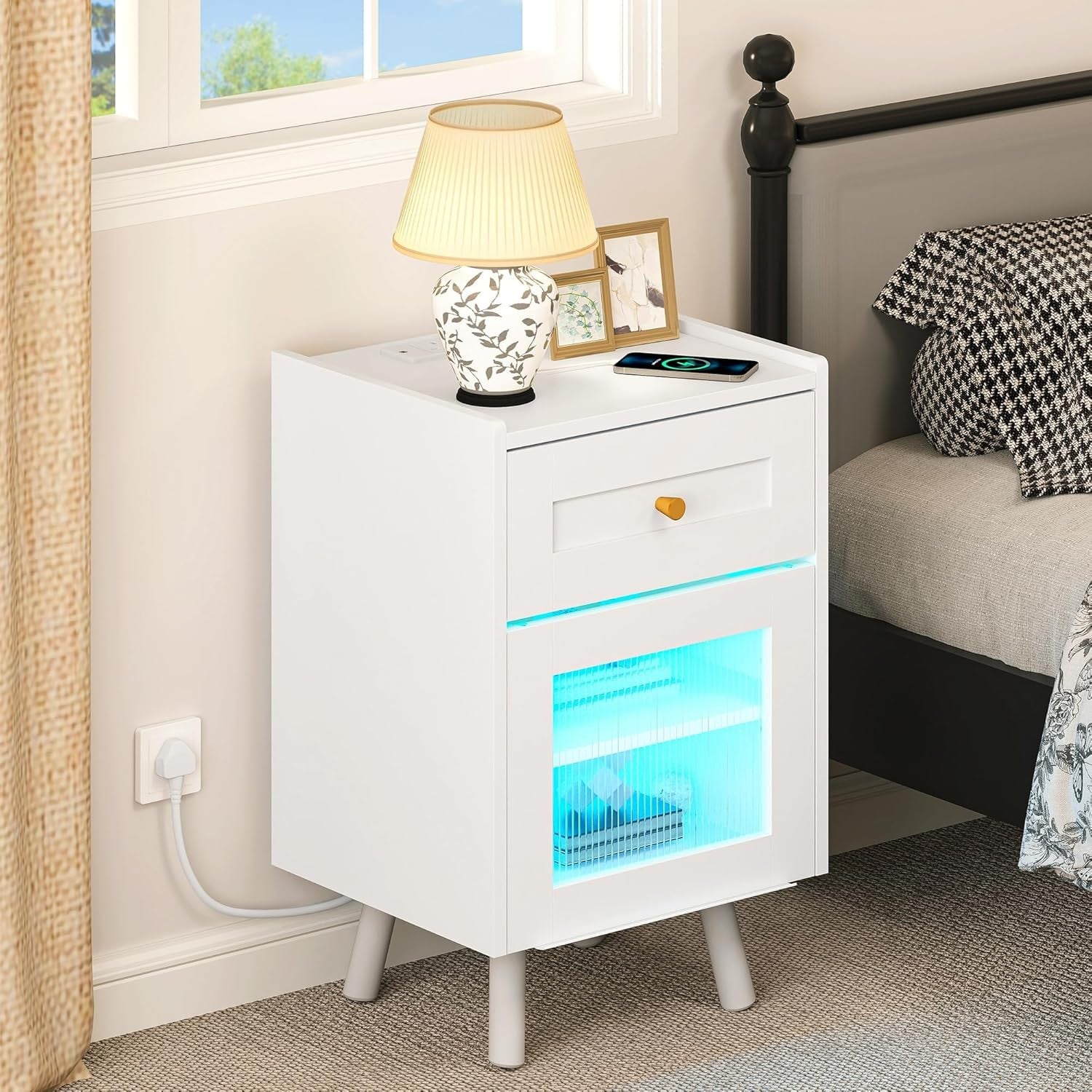 White LED Bedside Table | Nightstand with Drawer & Adjustable Shelf 40×62cm
