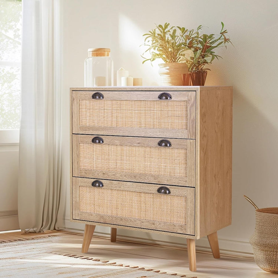 3 Drawer Rattan Chest Rustic Oak Storage Cabinet Boho Bedroom Unit