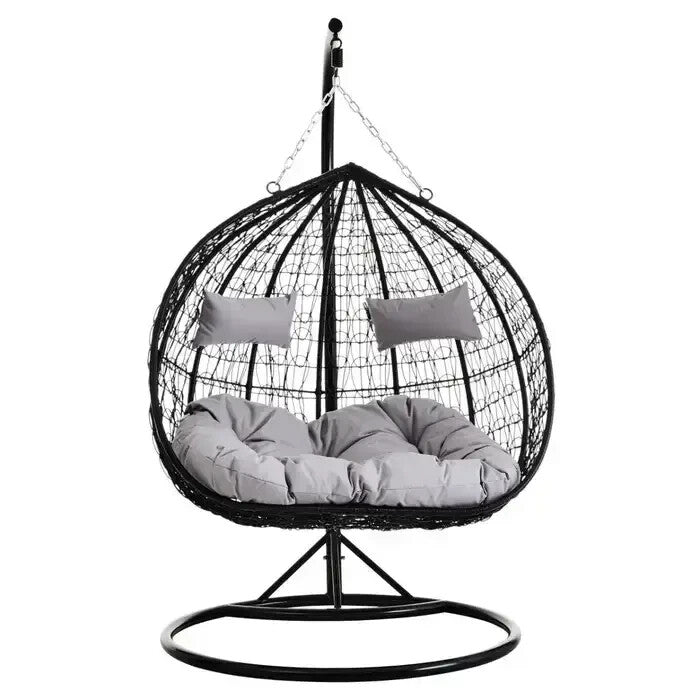 Double Hanging Egg Chair Black Rattan Swing Seat with Grey Cushions Outdoor