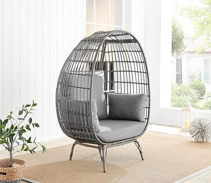Luxury Grey Rattan Egg Chair Outdoor Indoor Seat w/ Thick Cushions Garden