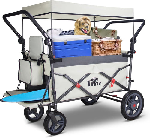 Folding Push Pull Wagon Cart 120kg Capacity w/ Canopy 2 Seats Expandable Front