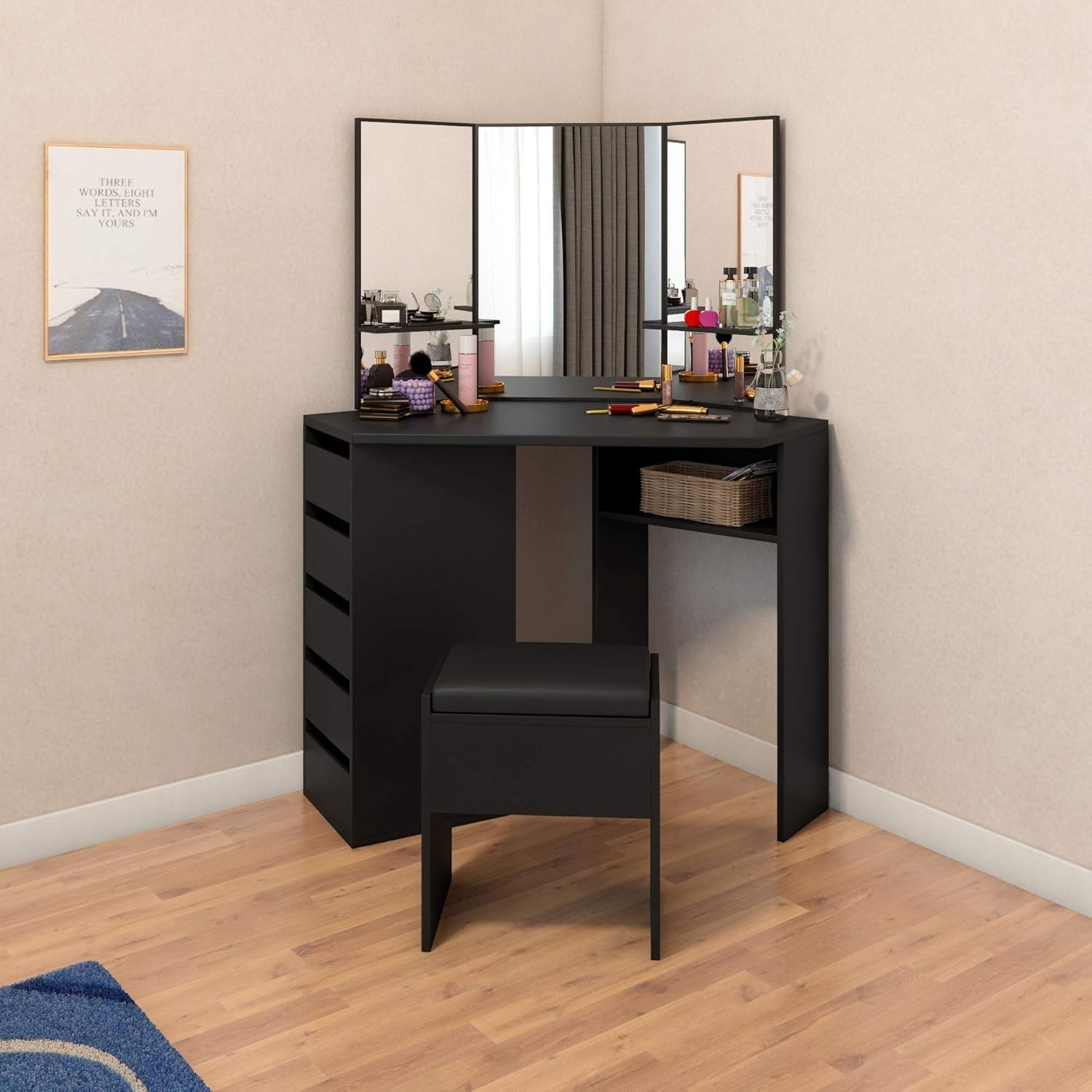 Corner Dressing Table Desk with 3-Sided Mirror, 5 Drawers Storage, Black Wood Va