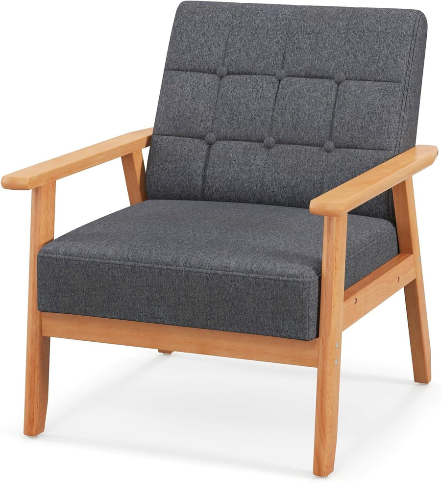 Button Tufted Accent Armchair Linen Lounge Chair Wood Frame