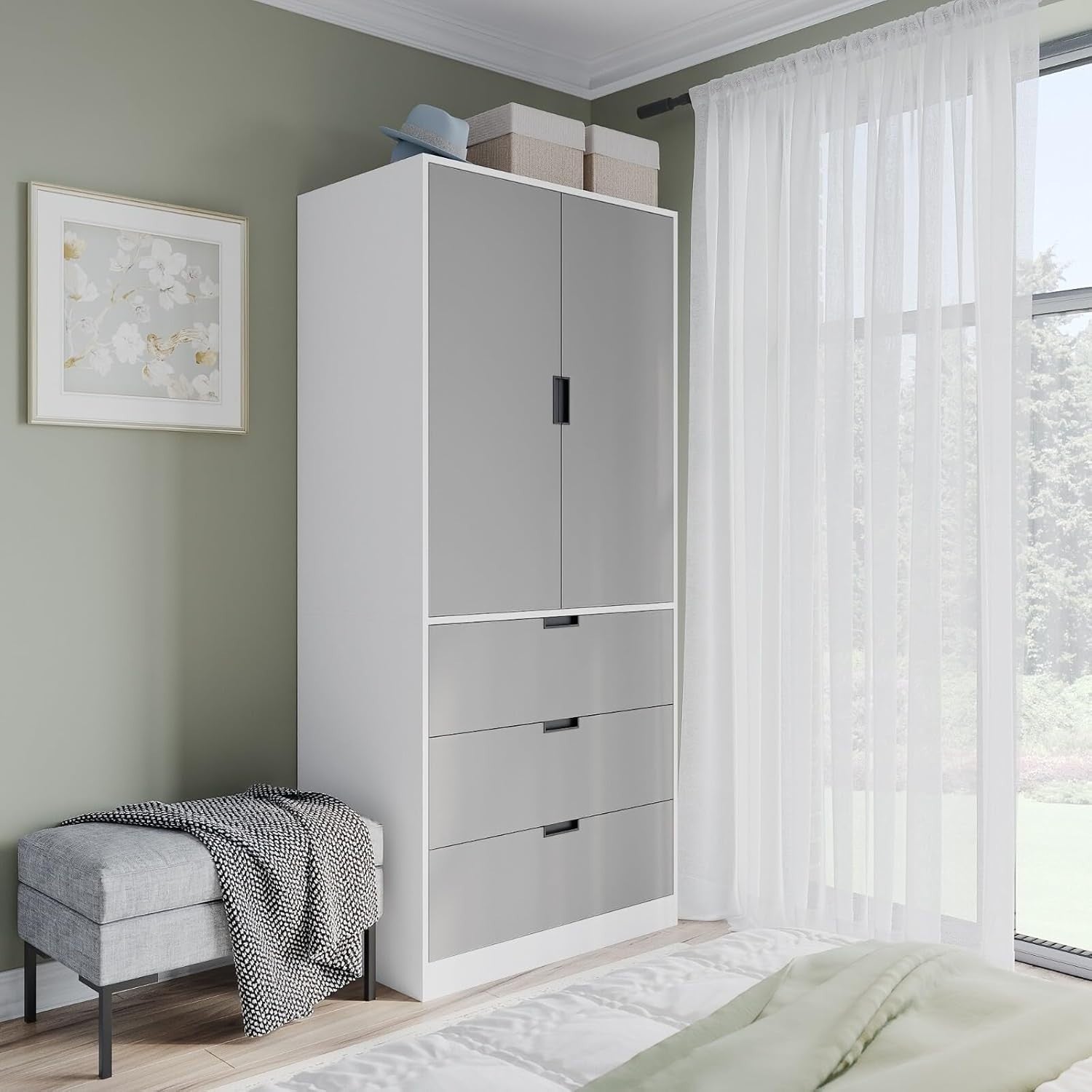 Tall Grey Wardrobe 2 Door 3 Drawer Modern Storage | Hanging Rail Unit
