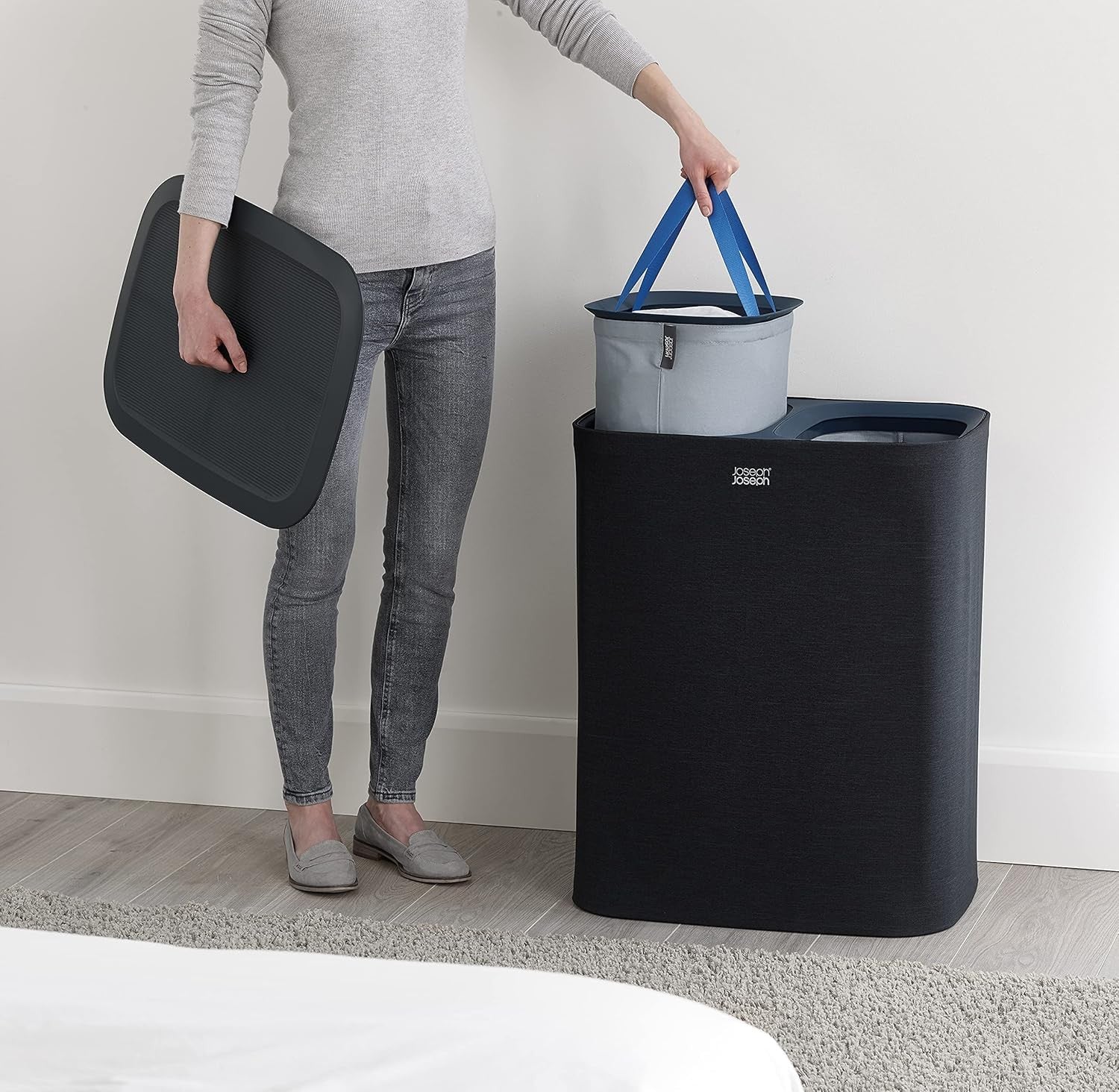 90L Dual Compartment Laundry Basket with Lid Removable Bags Carbon Black