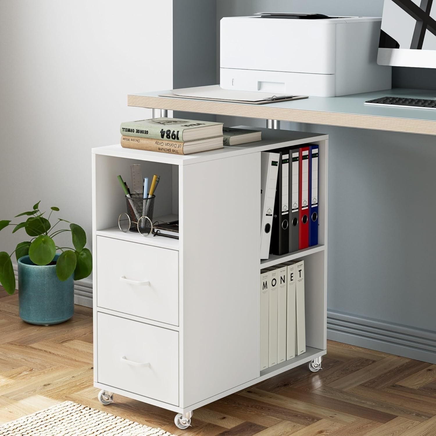 Under Desk File Cabinet With Open Shelves Rolling Office Storage Unit