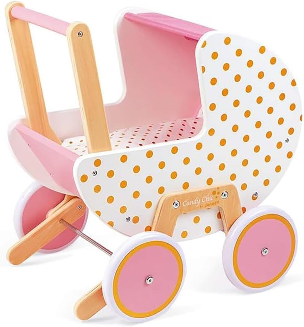 Wooden Candy Chic Doll Pram Pink/White with Pillow & Blanket Quiet Rubber Wheels