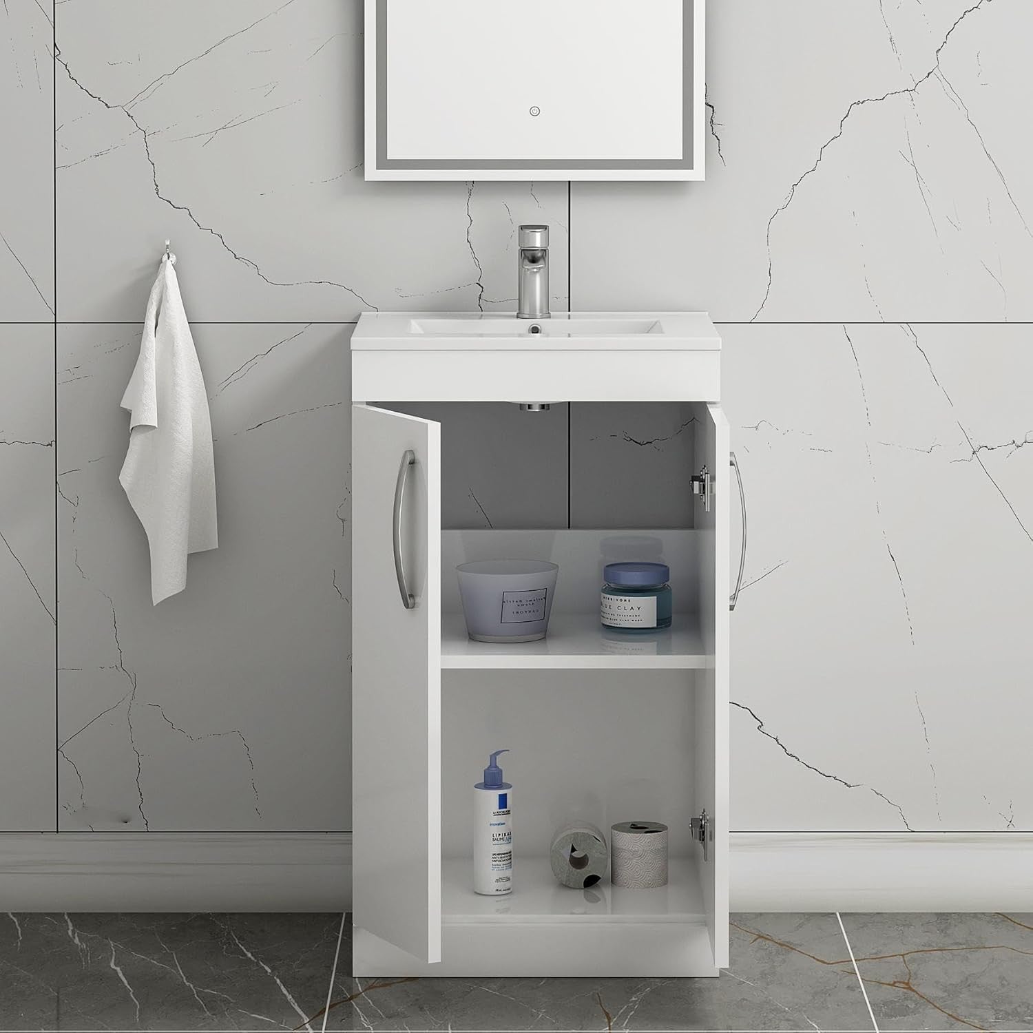 500mm White Bathroom Vanity Unit with Basin Gloss Floor Standing Sink Cabinet