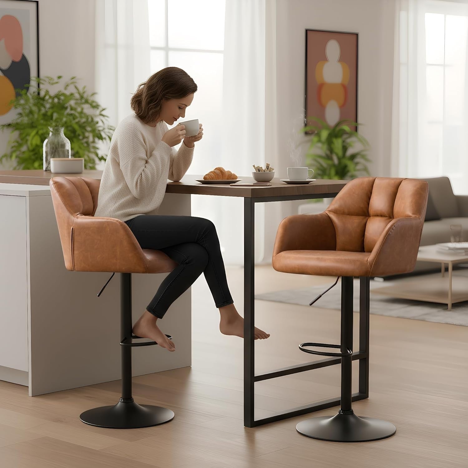 Adjustable home bar Brown PU Leather Bar Stools Set of 2 Swivel Kitchen Counter