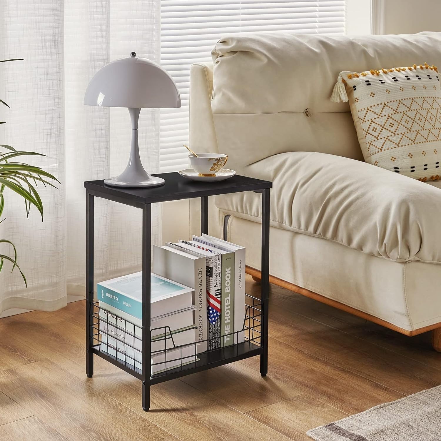 Black Marble Top Side Table with Storage Rack – Small Nightstand & Coffee Table