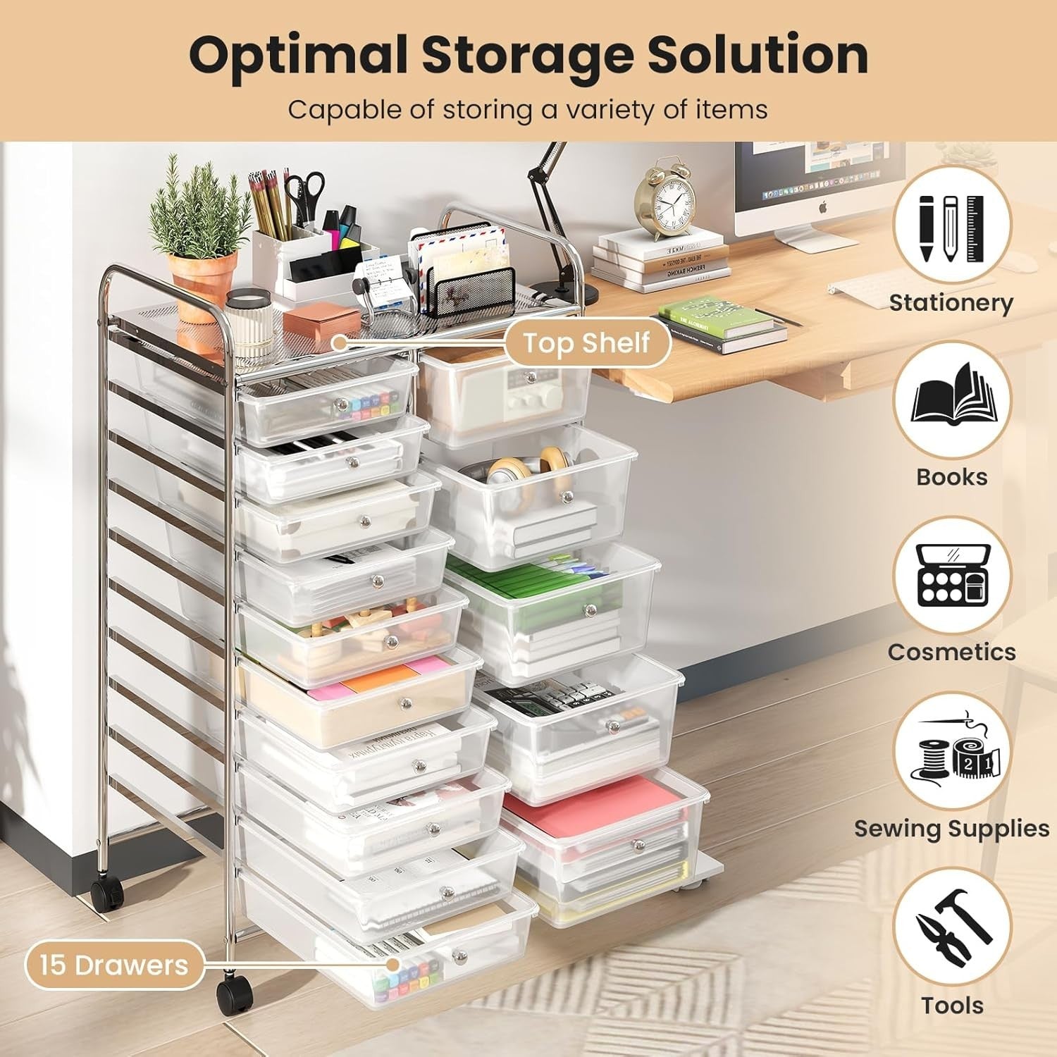 15 Drawer Rolling Storage Trolley Clear Mobile Organizer Cart Wheels