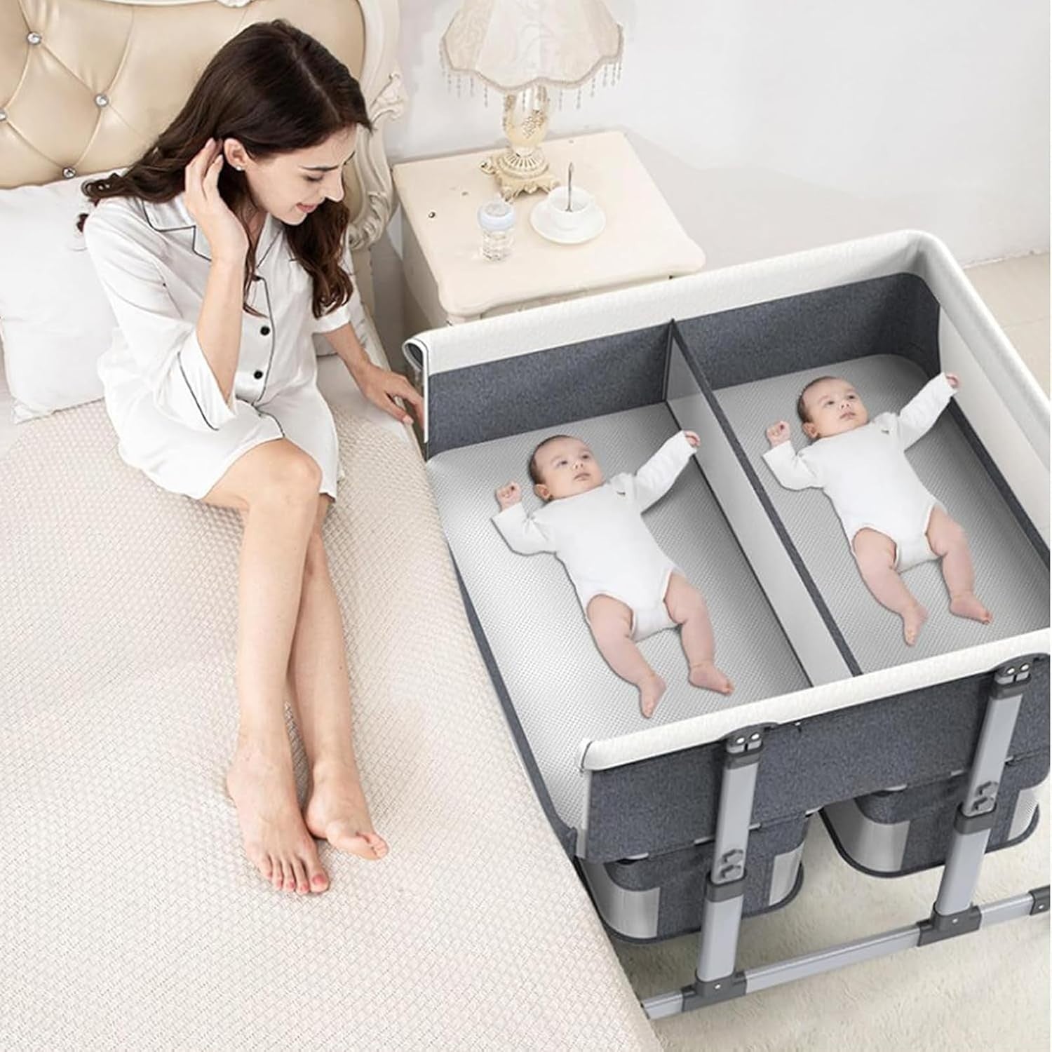 Twin Baby Crib Bassinet Adjustable Bedside Cot with Storage & Mattress Grey