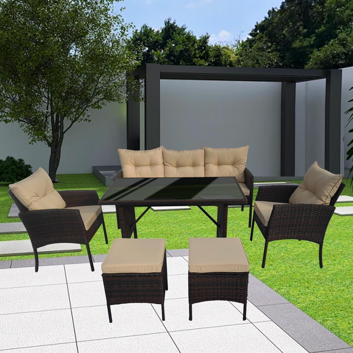 Brown Rattan Garden Furniture Set 6 Seater Cushioned Sofa Outdoor Patio