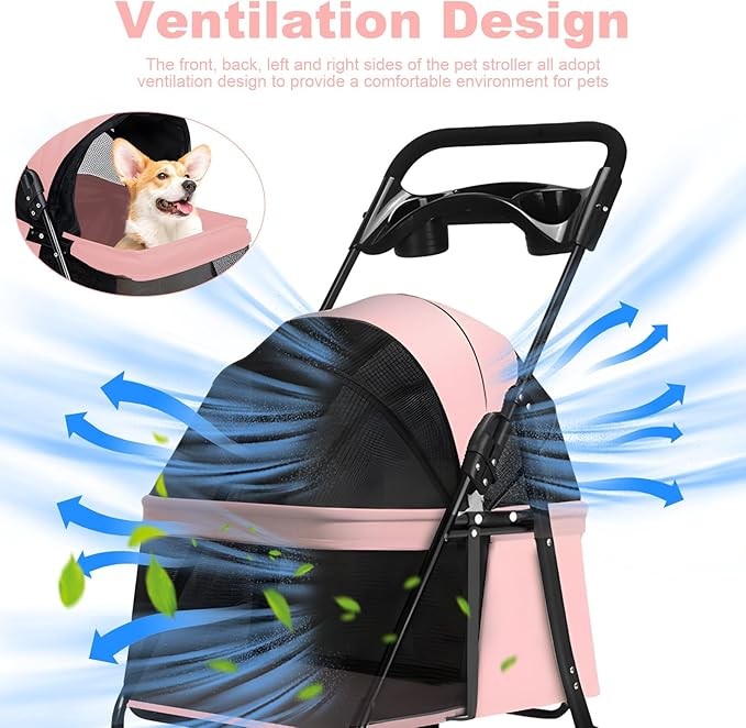 4 Wheel Dog Stroller Folding Pet Pram with Cup Holder Travel Buggy Pink