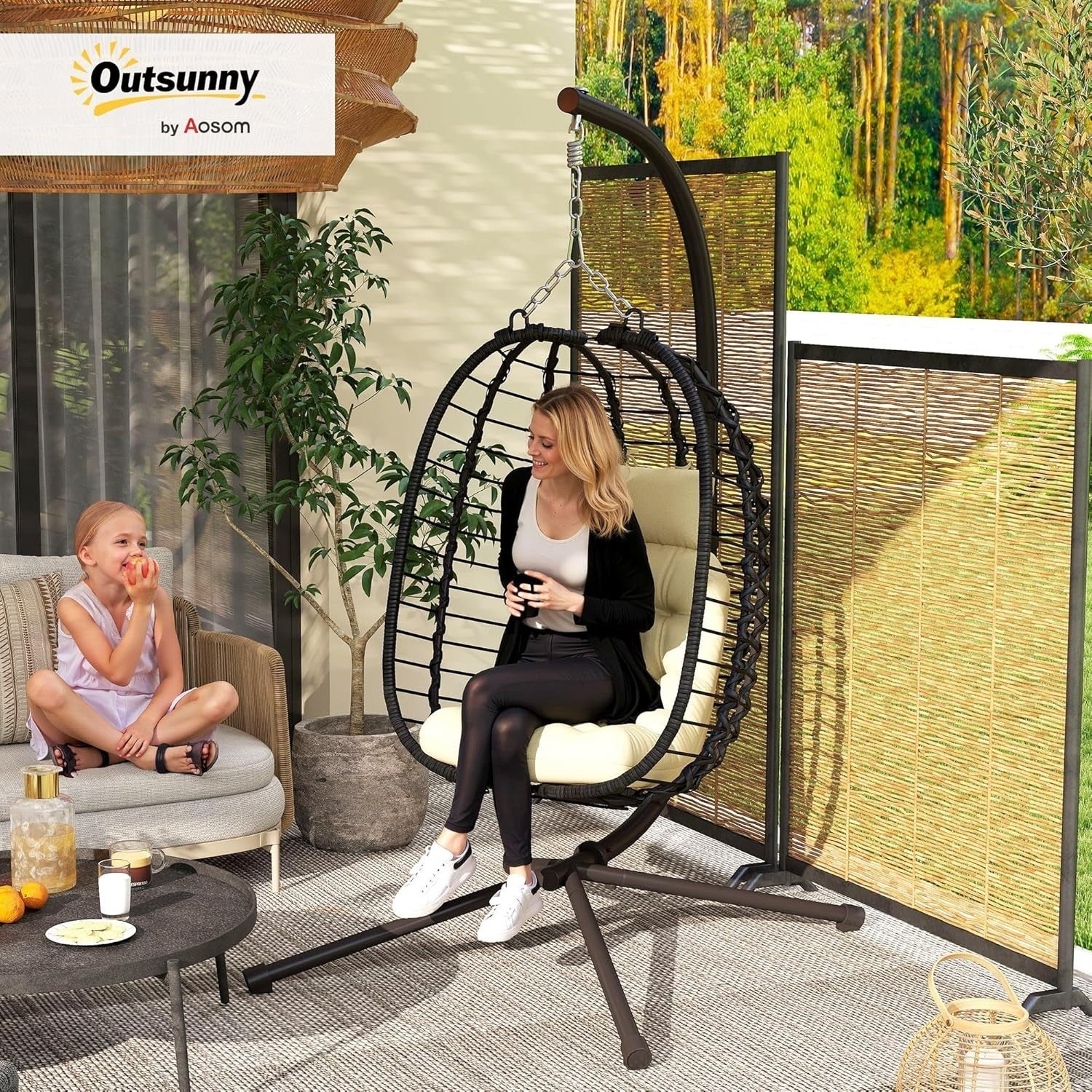 Hanging Egg Chair with Stand Cushioned Foldable Garden Swing Seat
