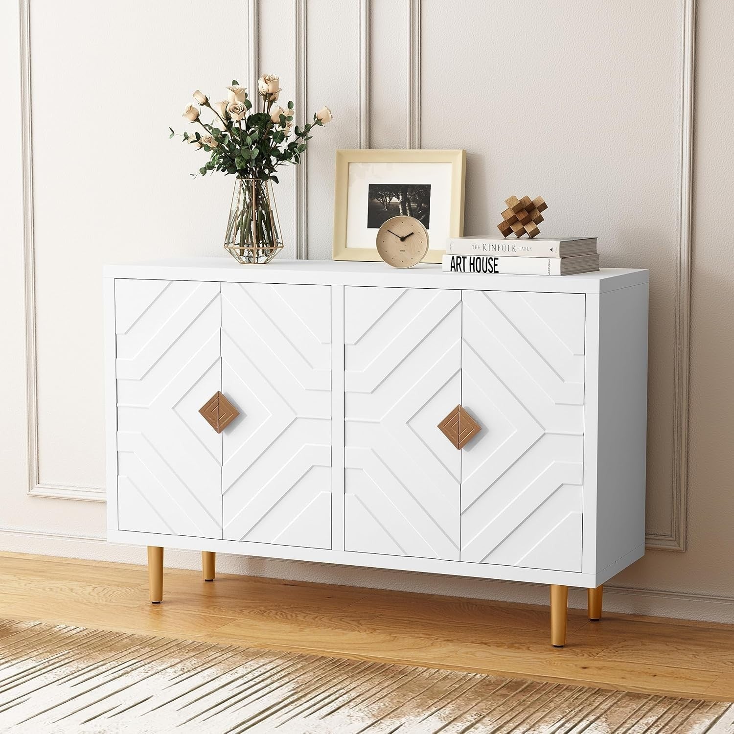 White Kitchen Sideboard Cabinet 4 Doors Storage Buffet Table with Shelves