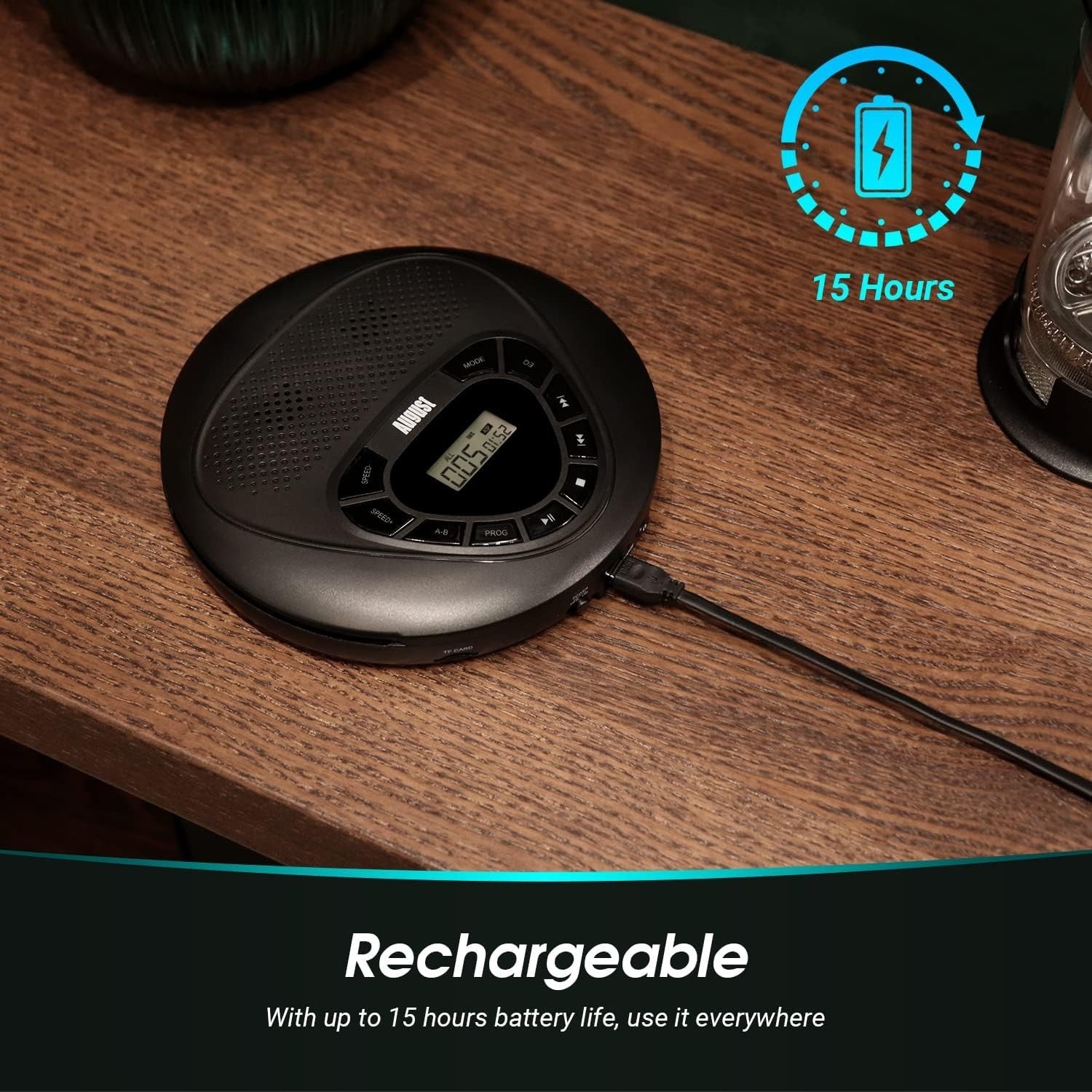 Portable CD Player Rechargeable Discman AUX Micro SD Anti Shock Black