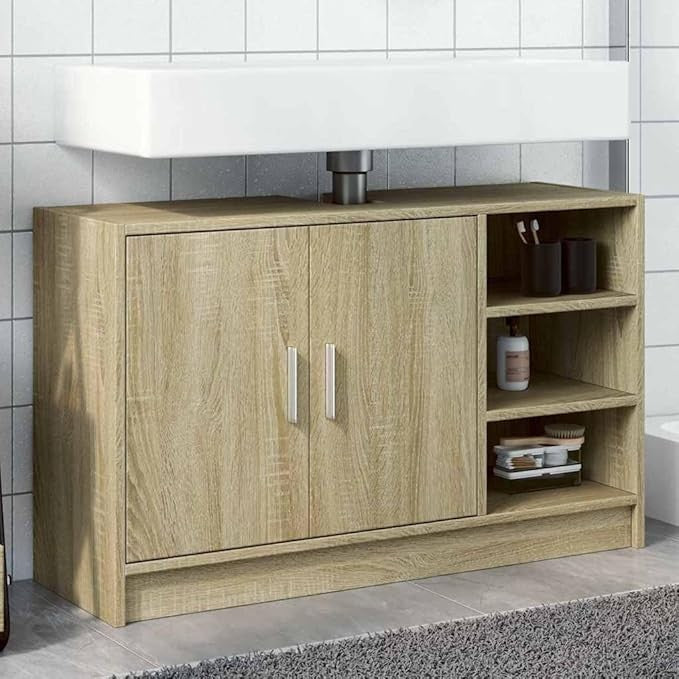 Sonoma Oak Bathroom Sink Cabinet 90cm Modern Storage Unit with Doors & Shelves