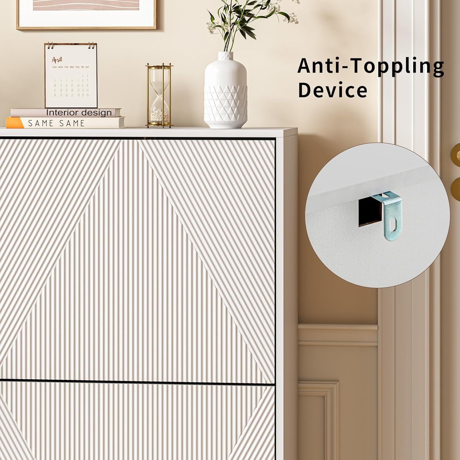 White Slim Shoe Cabinet Storage | 2 Flip Drawers, Anti-Tip, 91cm Narrow