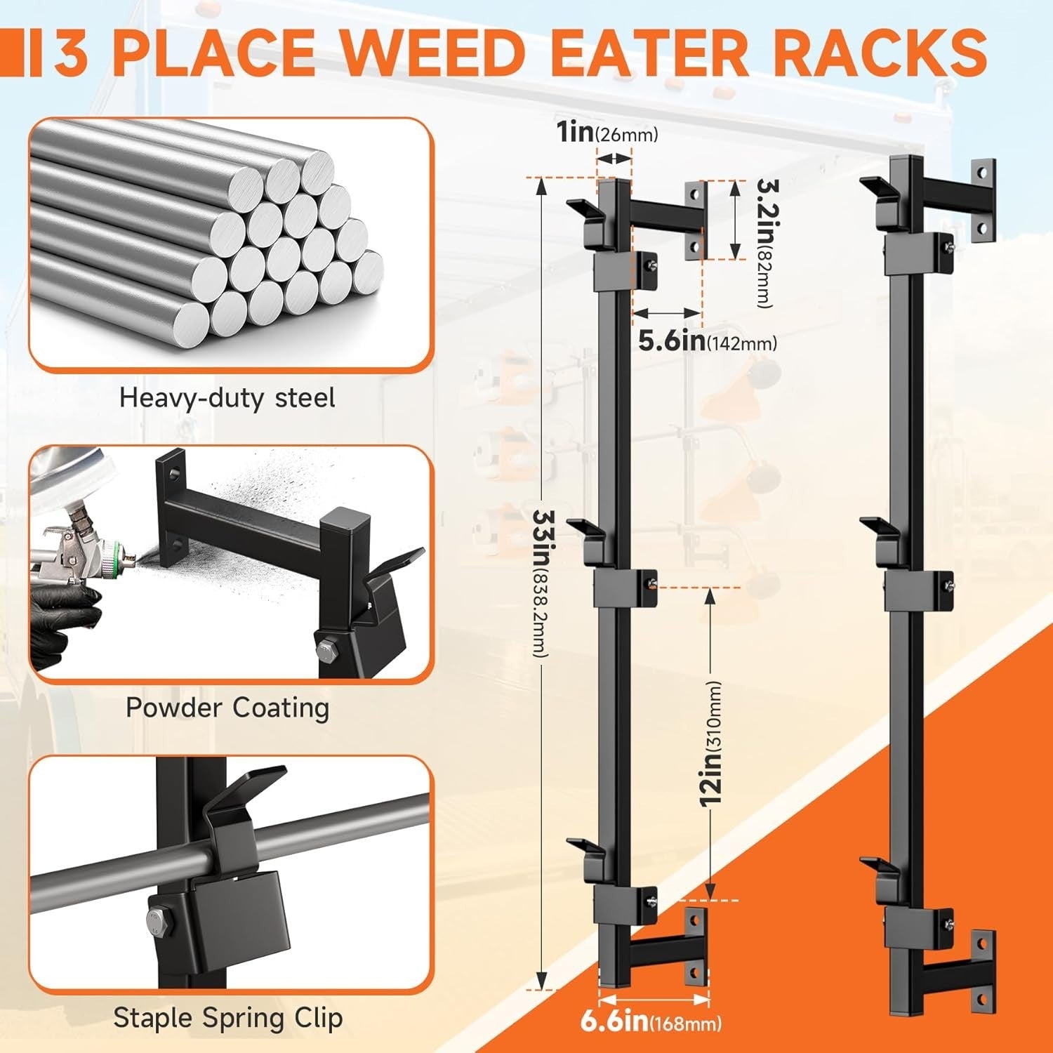 Heavy Duty Steel Trailer Tool Rack Wall Mount 3 Weed Eater Holder