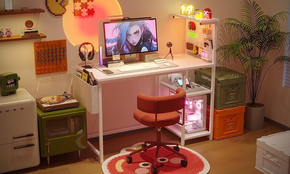 White Gaming Desk 120x50cm w/RGB Lights, Power Hub & Reversible Shelf