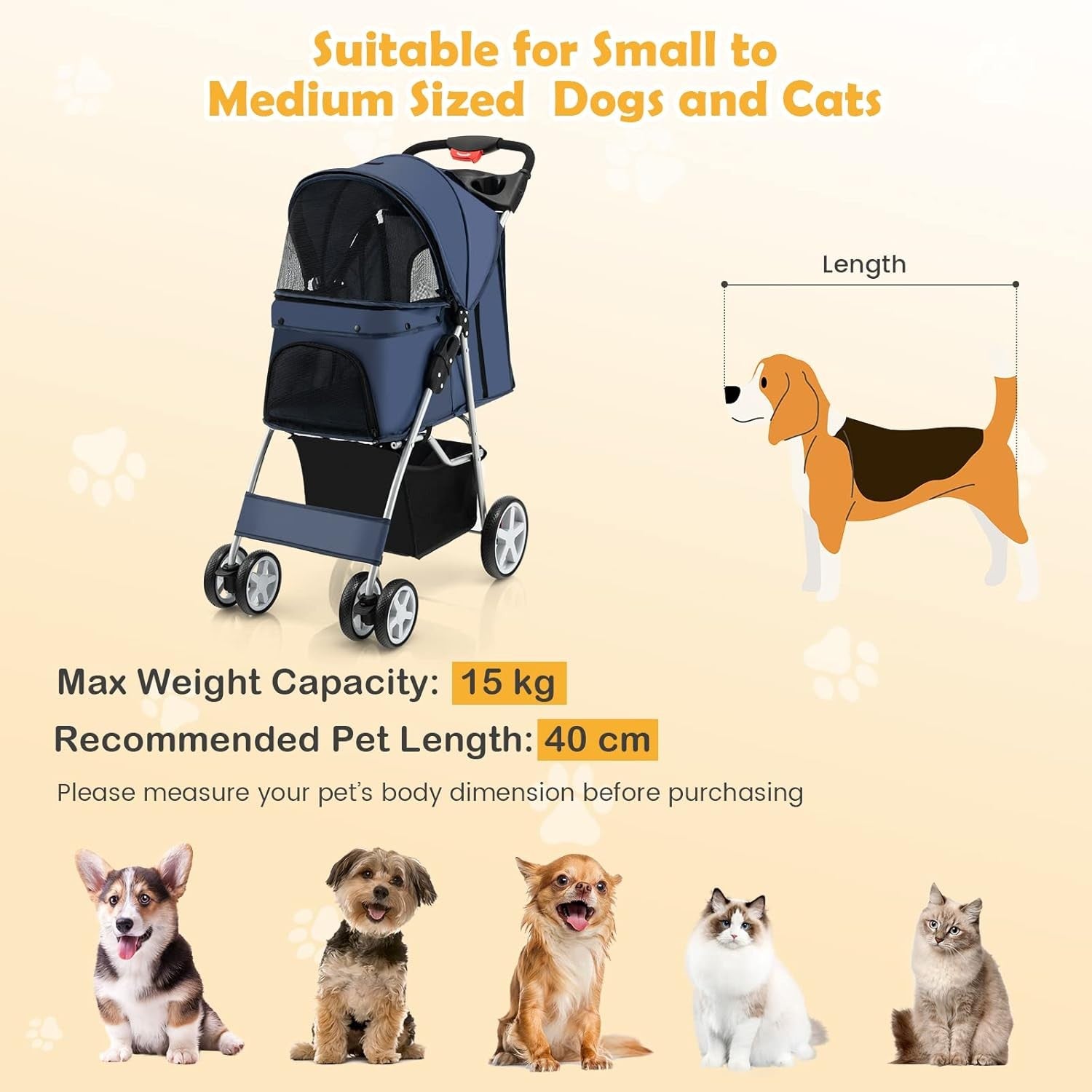 Pet Stroller Foldable Dog Cat Pushchair 4 Wheels Small Medium Pets 15kg