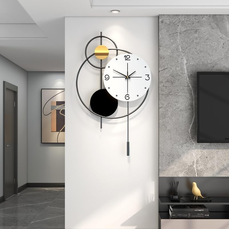Modern Wall Clock Silent Quartz Pendulum 37x62cm Gold Black White Decor