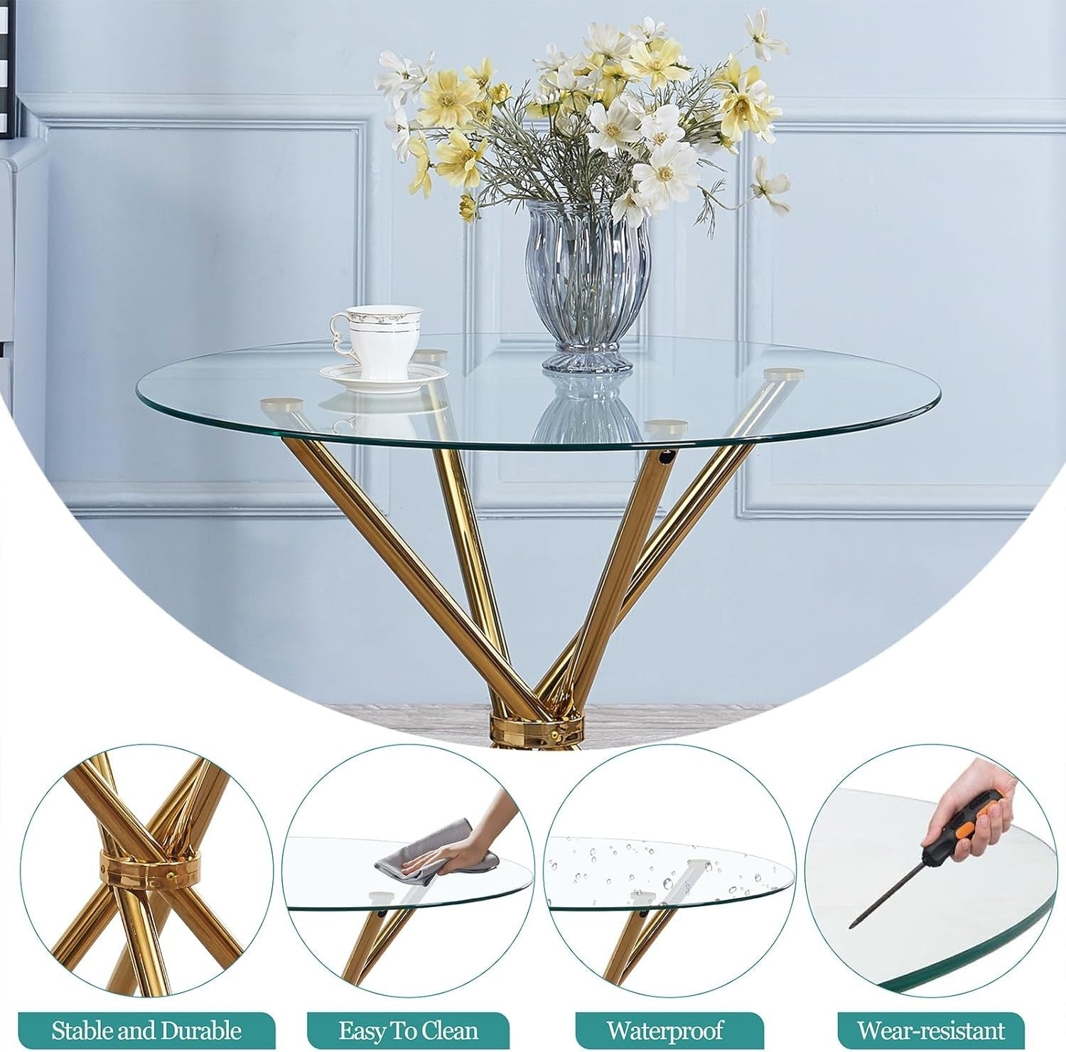 Gold Round Glass Dining Table Set 4 Chairs Faux Leather Compact Design
