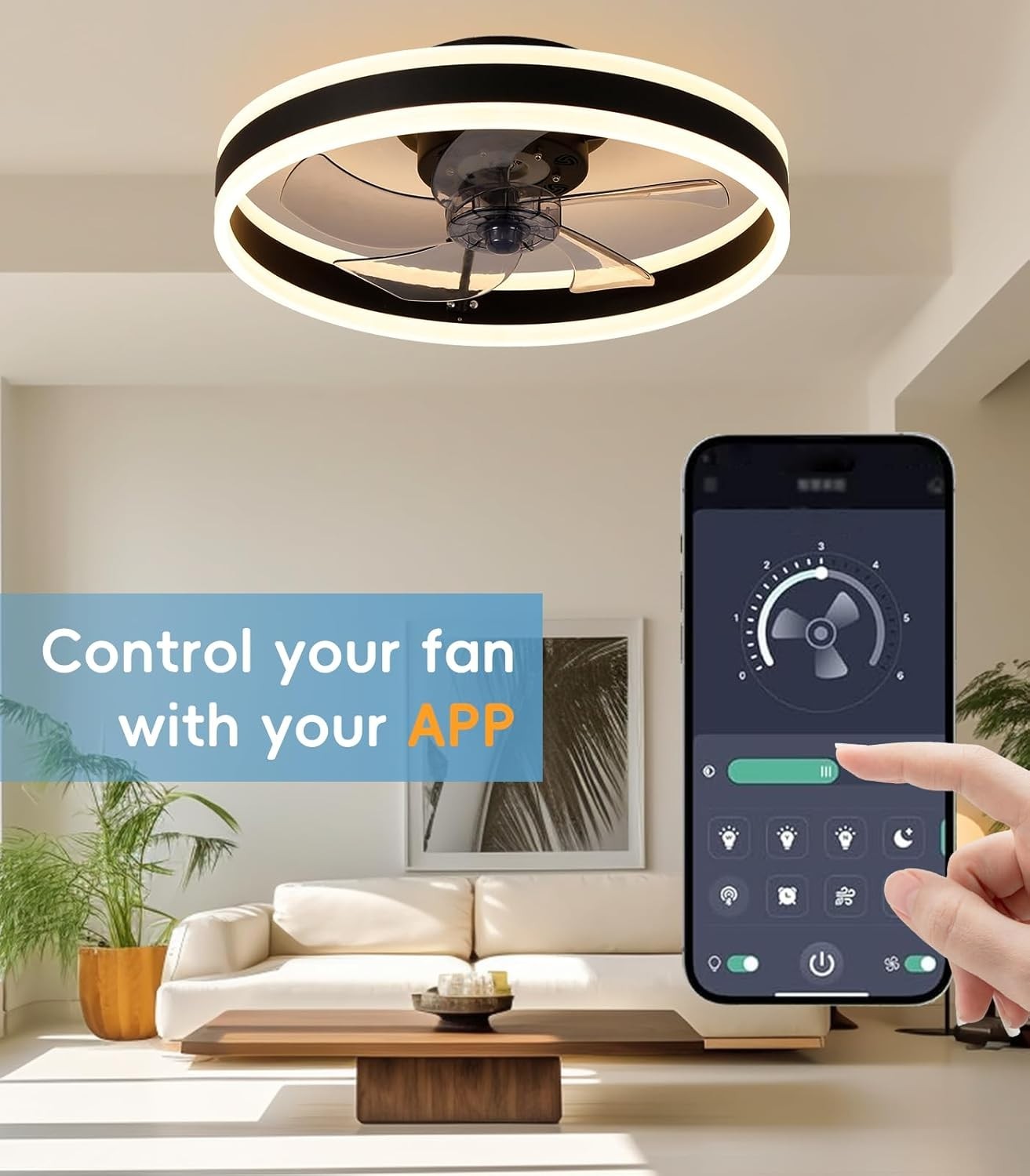 50cm Smart Ceiling Fan Light, 6 Speeds, Dimmable, Reversible LED, Quiet Black