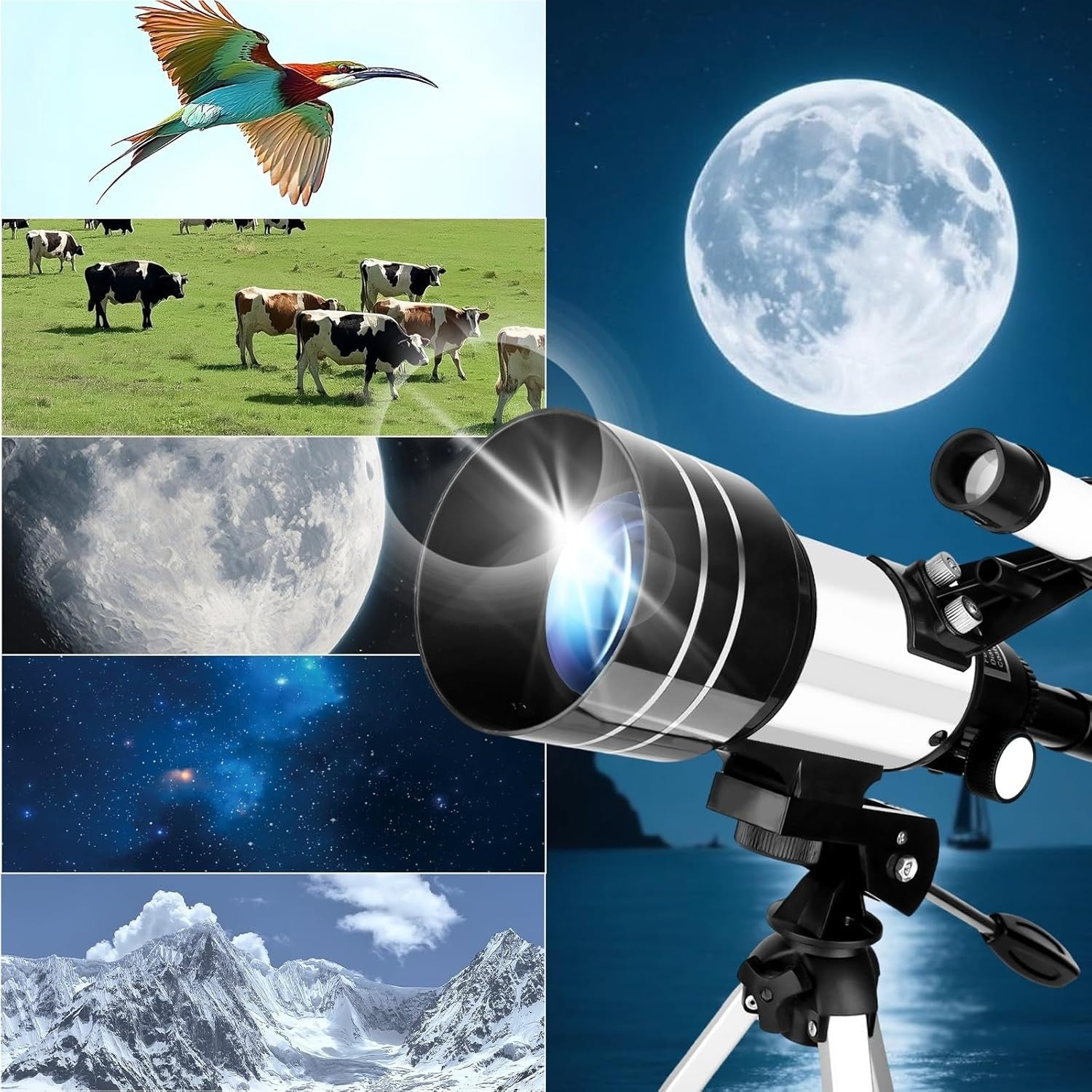70mm Refractor Telescope 300mm for Kids & Adults, White with Tripod