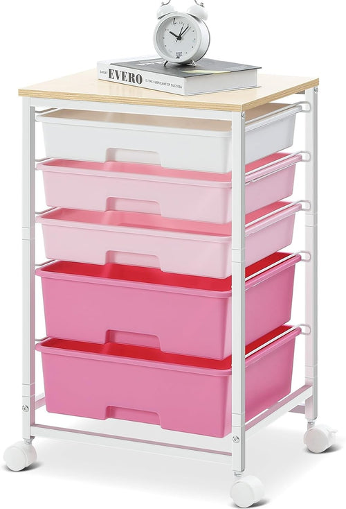 5 Drawer Rolling Storage Trolley Cart with Wheels Utility Organizer Pink