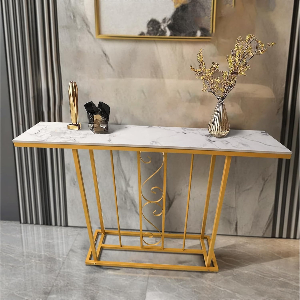 120cm Marble Effect Console Table Gold Metal Frame – Hallway Entryway Shelf
