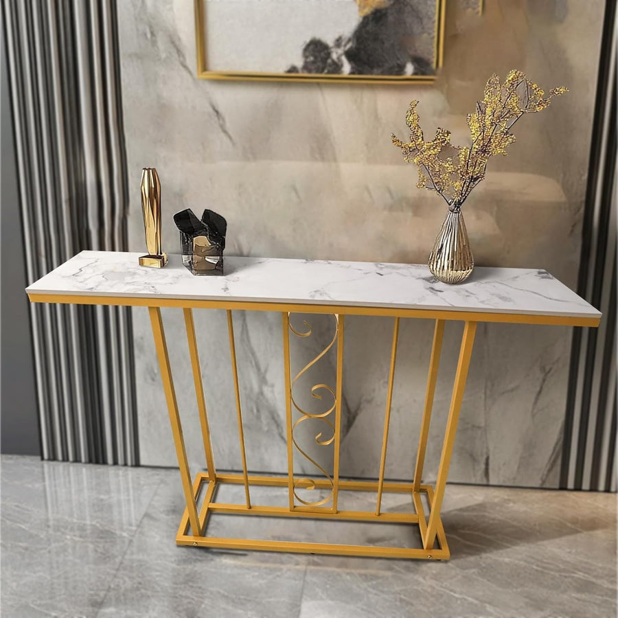 120cm Marble Effect Console Table Gold Metal Frame – Hallway Entryway Shelf