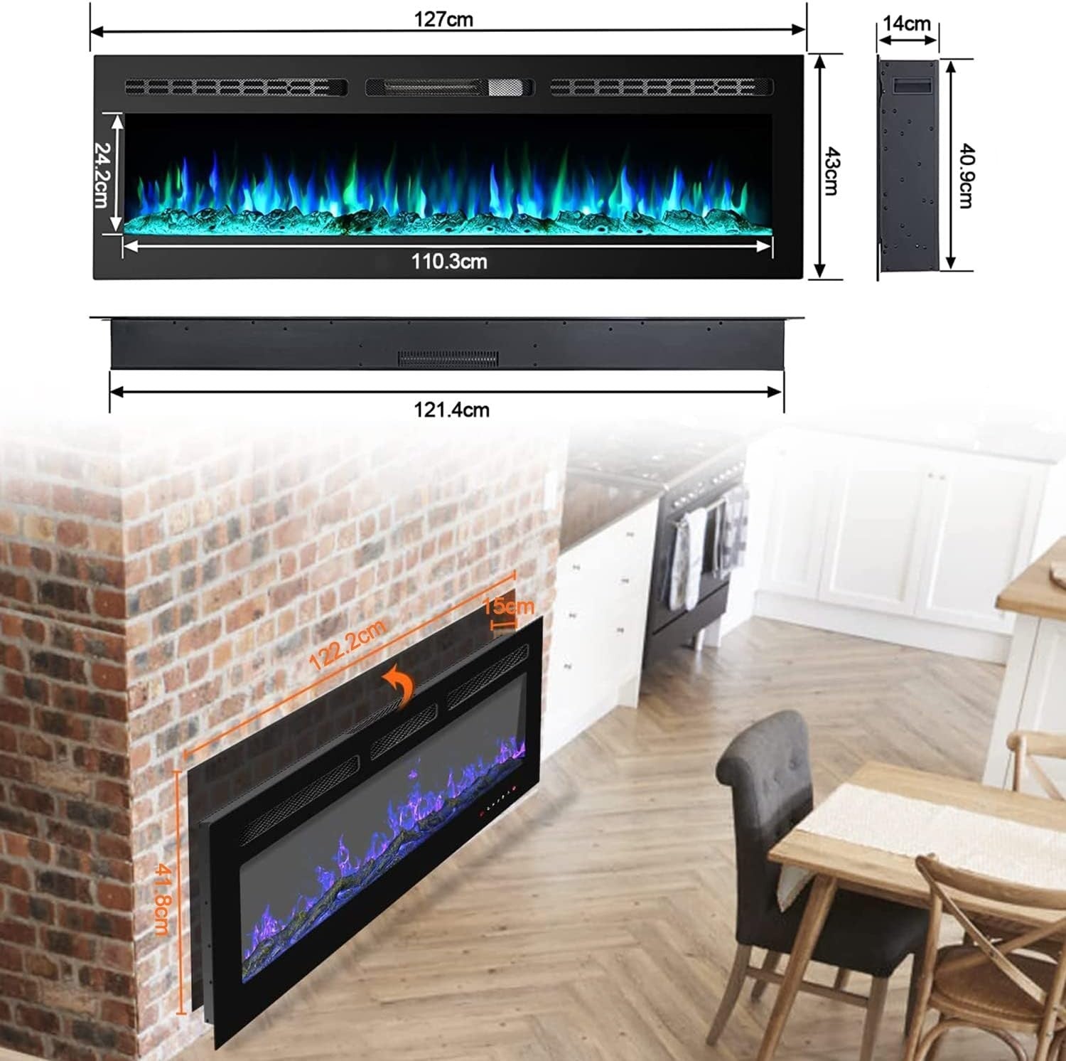 Wall Mounted Electric Fireplace 1800W Remote Control Color Flame LED