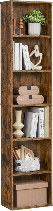 6-Tier Rustic Brown Bookcase Tall Storage Shelf Unit with Drawer for Home