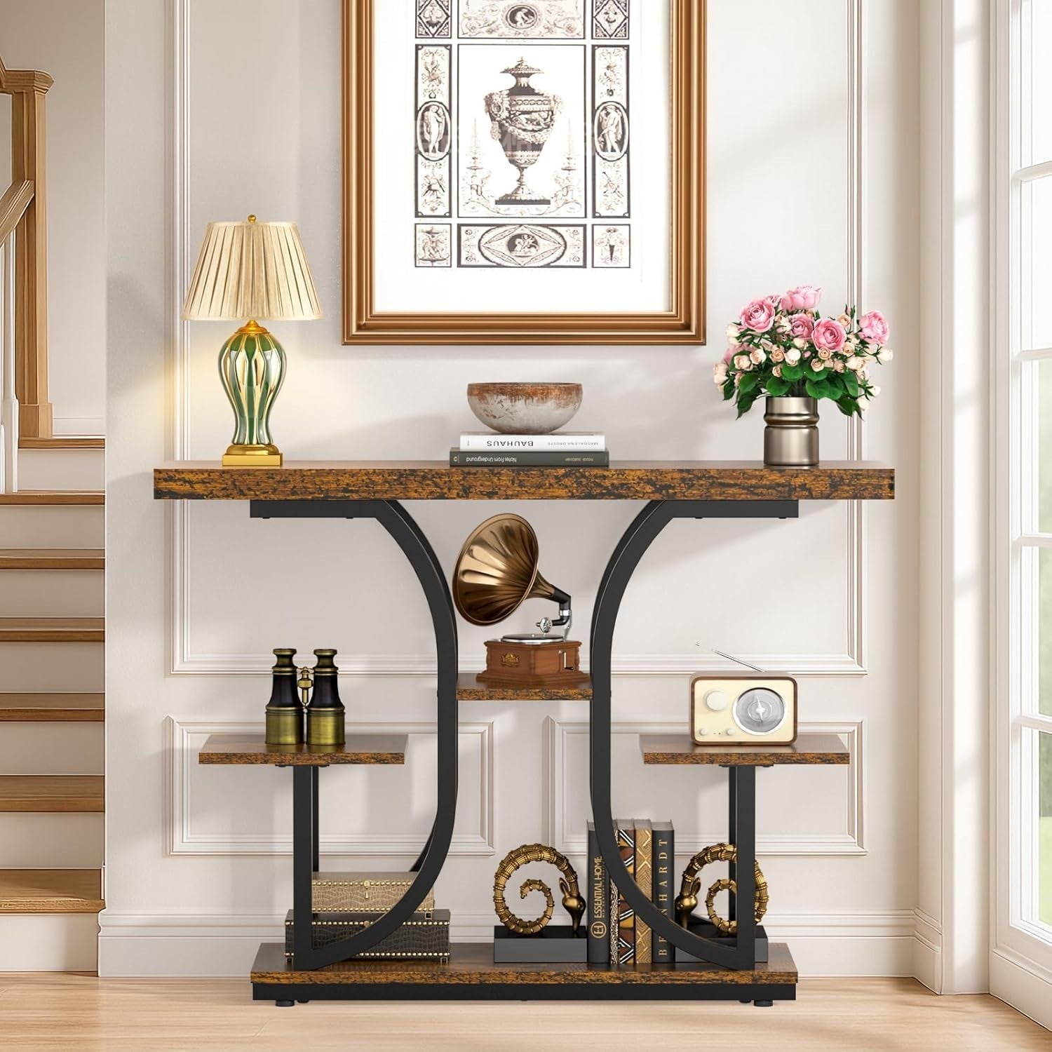 Slim Industrial Console Table with 4 Tiers & Curved Metal Frame