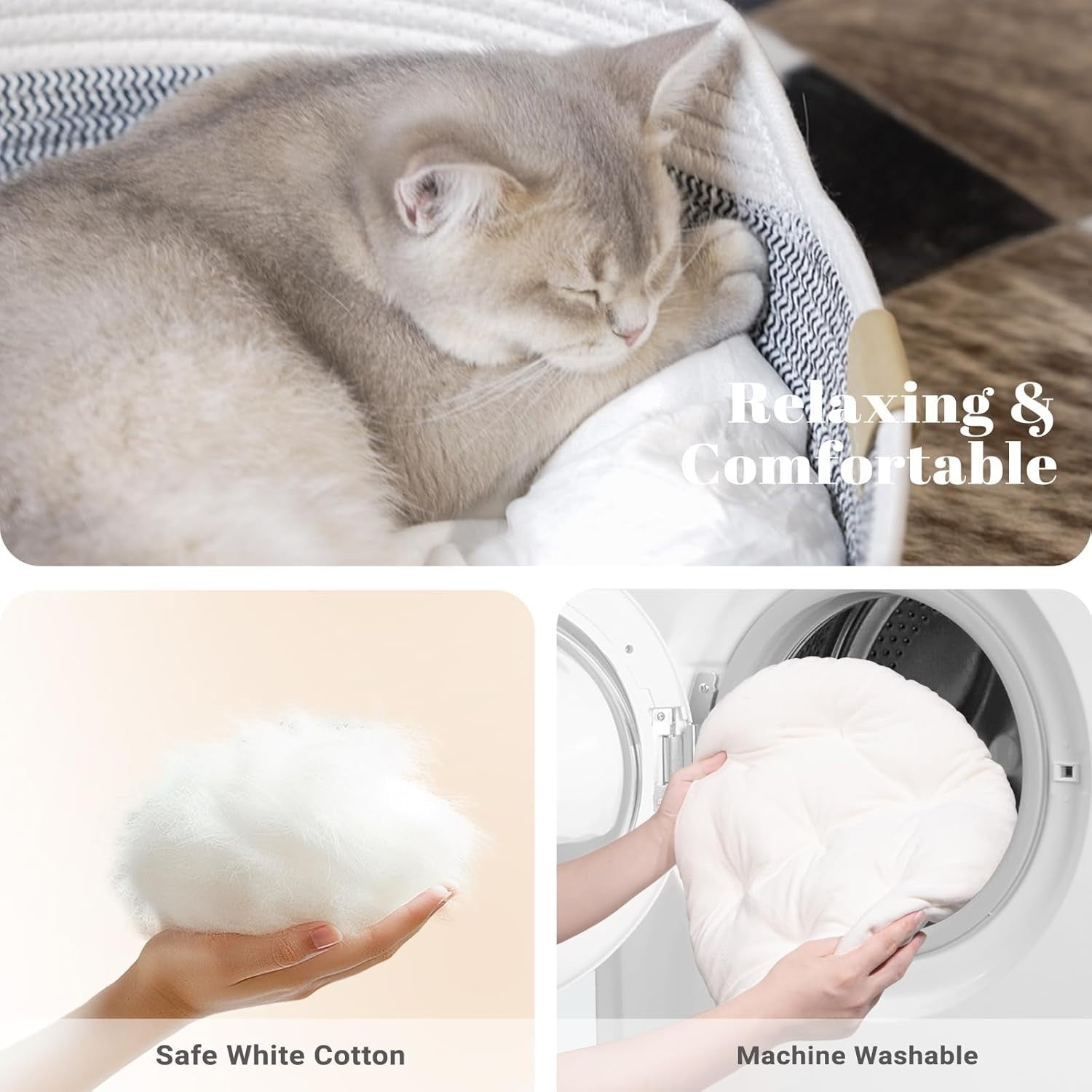 Washable Cat Bed Basket 47cm Cotton Rope Woven Cushion All Breed