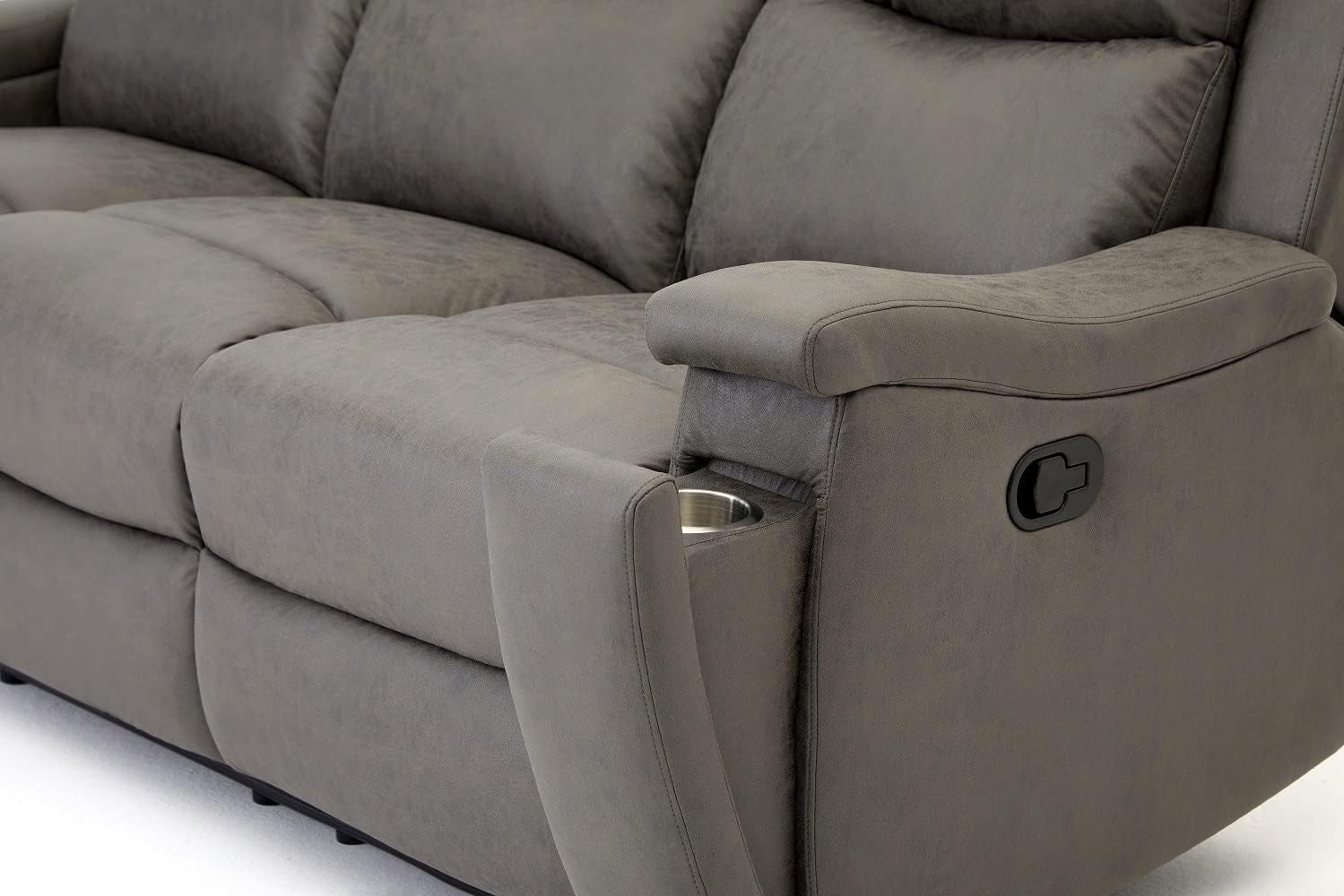 Grey Recliner Sofa 3 Seater Faux Leather Manual Lounge Chair w/ Cup Holders