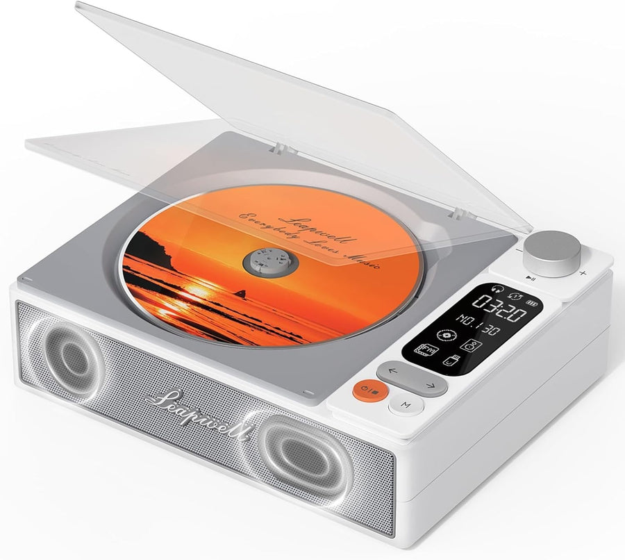 Rechargeable Bluetooth CD Player HiFi Speakers FM USB Optical Remote White