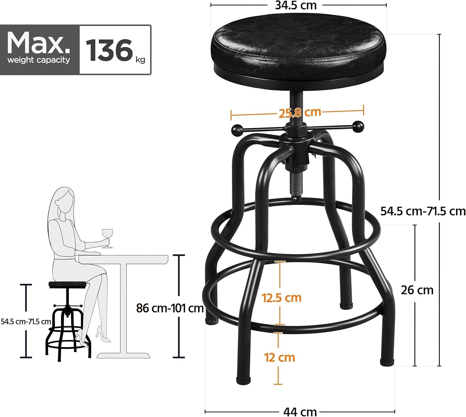 2PCS Black Adjustable Bar Stool 44cm Dia Industrial Kitchen Chair