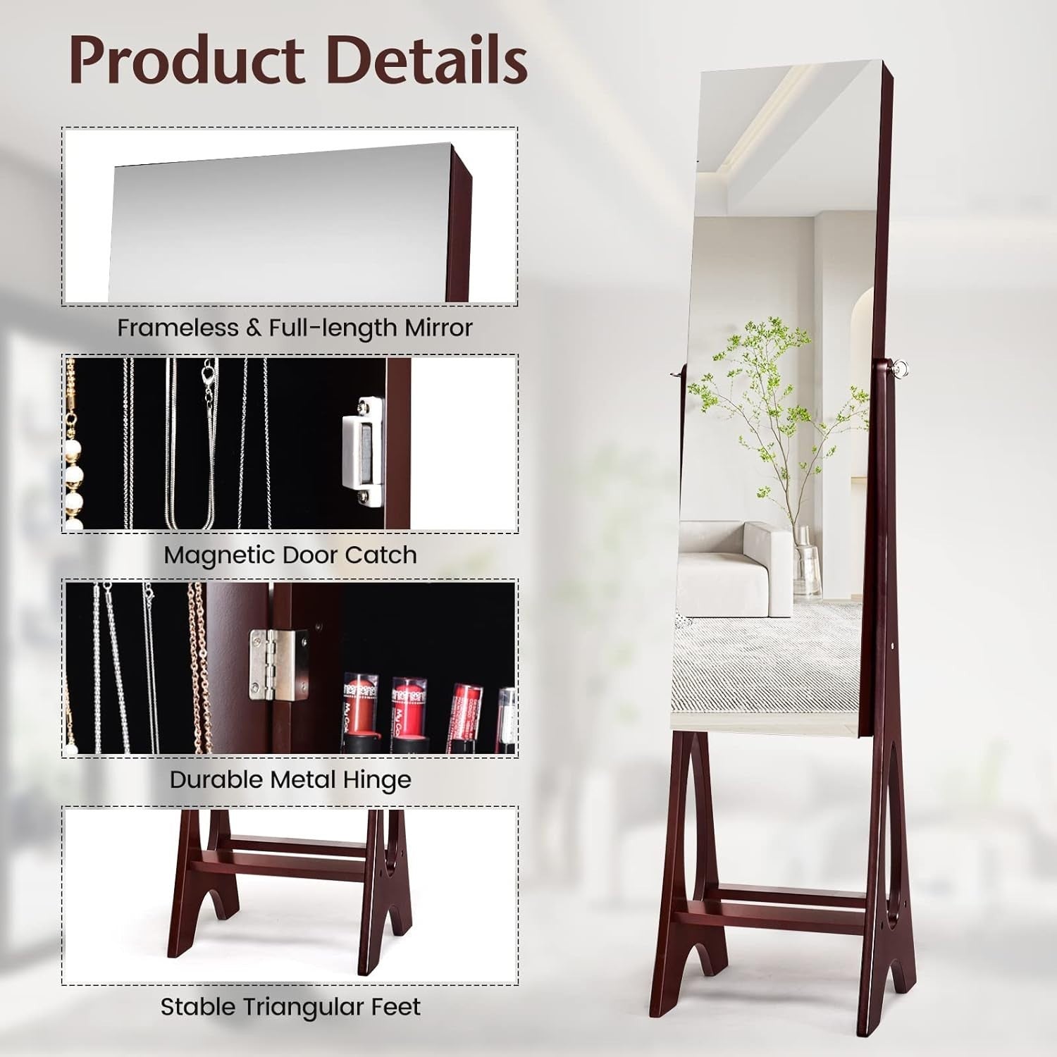 Standing Jewelry Armoire Lockable Full Length Mirror Adjustable Storage Brown